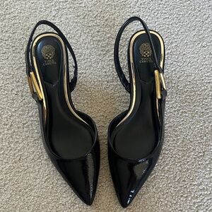 Vince Camuto Black Patent Pointed Slingback Pumps with Gold Buckle